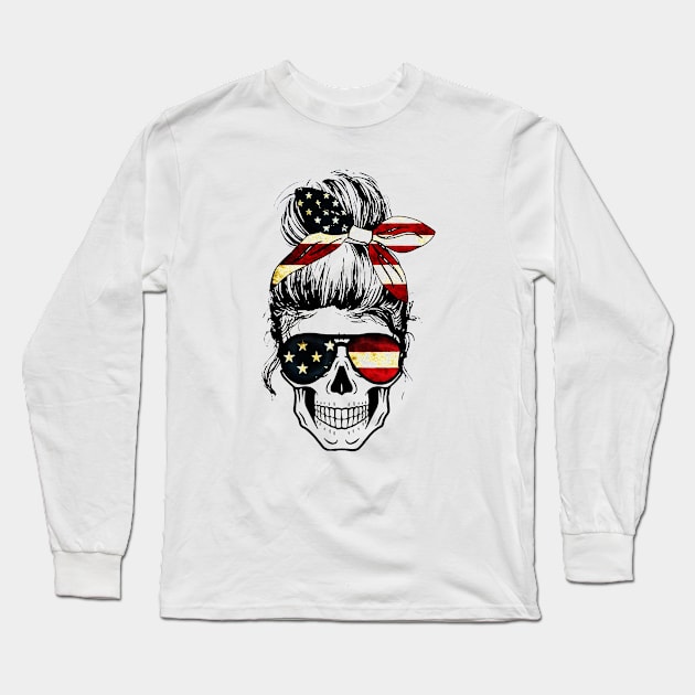 Womens American Lady Skull USA Flag Long Sleeve T-Shirt by szymonnowotny8